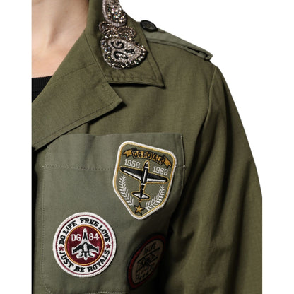 Dolce & Gabbana Military Green Queen Embellished Coat Jacket