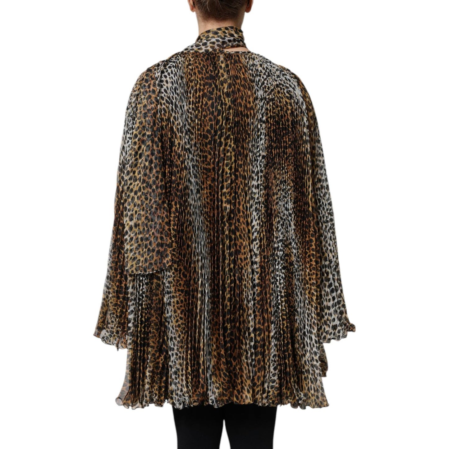 Dolce & Gabbana Brown Leopard Print Scarf Collared Chiffon Dress DR81635-38