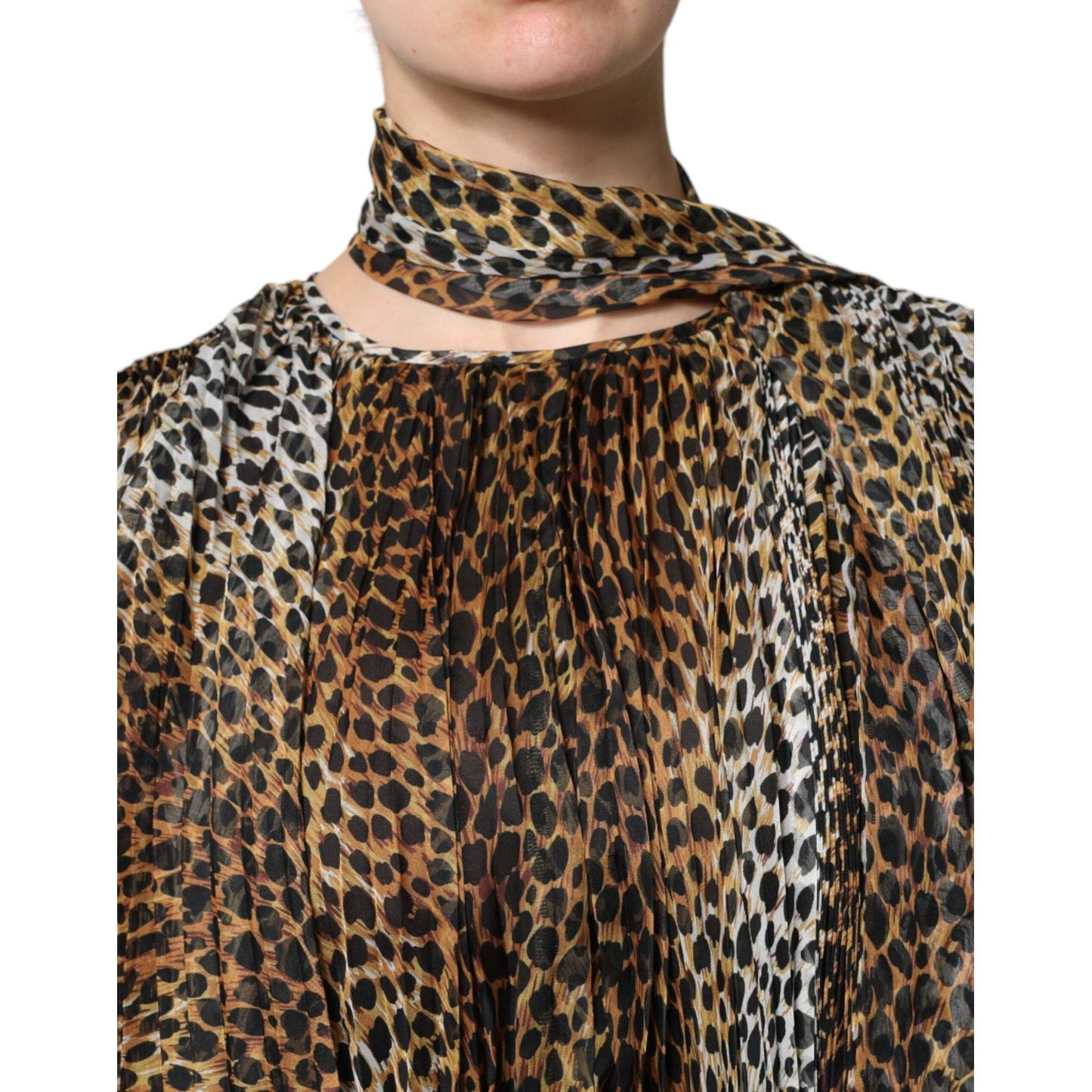 Dolce & Gabbana Brown Leopard Print Scarf Collared Chiffon Dress DR81635-38