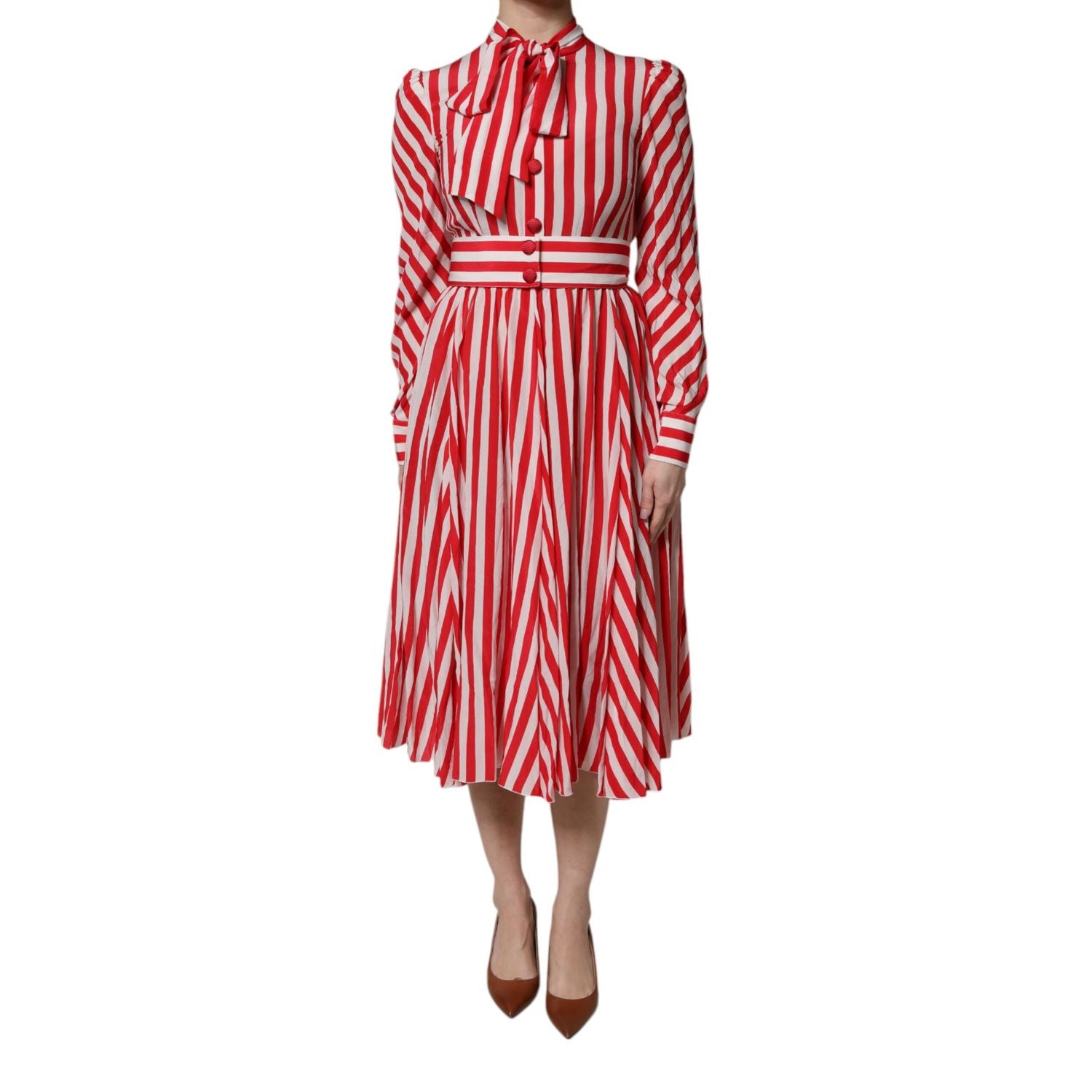 Dolce & Gabbana White Red Stripes Long Sleeves Midi Dress