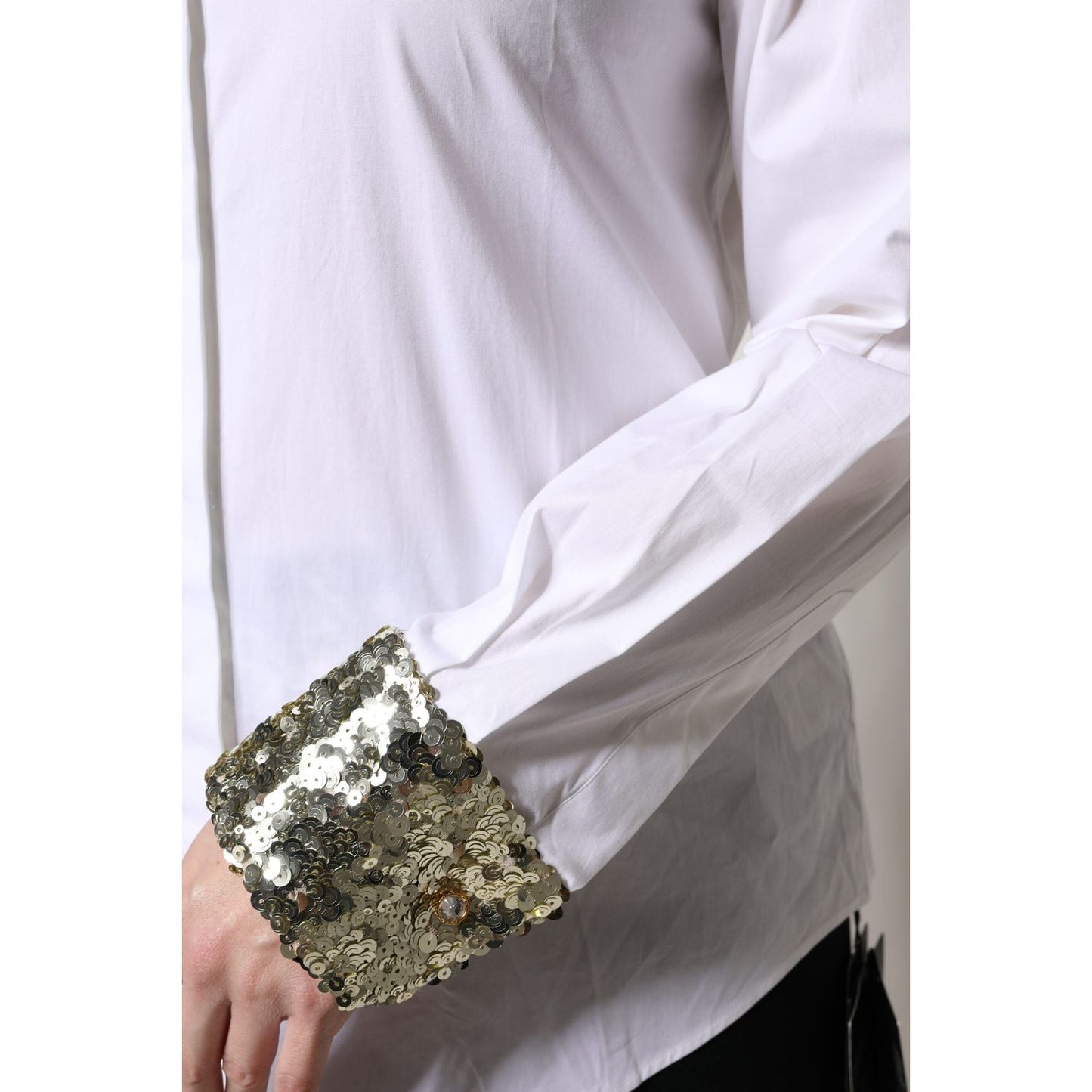 Dolce & Gabbana White Cotton Long Sleeves Sequin Shirt Top