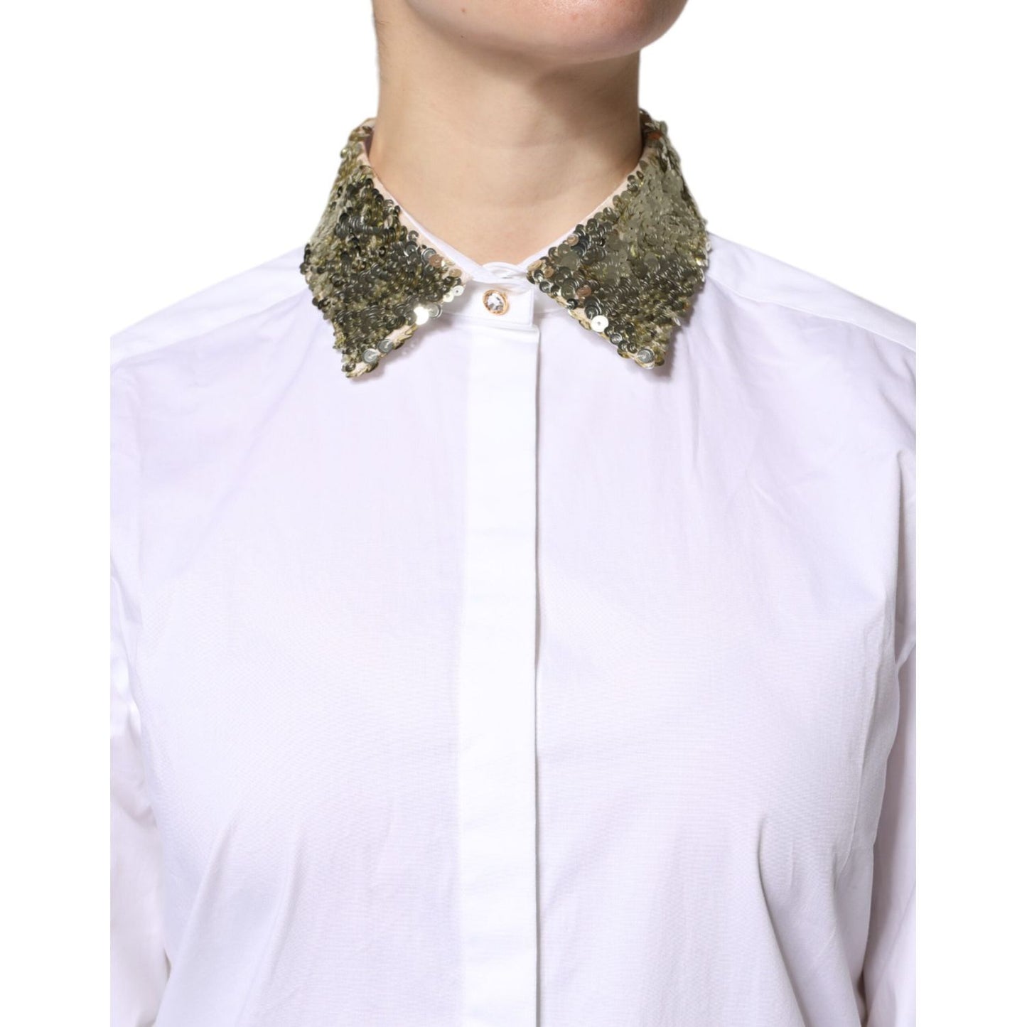 Dolce & Gabbana White Cotton Long Sleeves Sequin Shirt Top