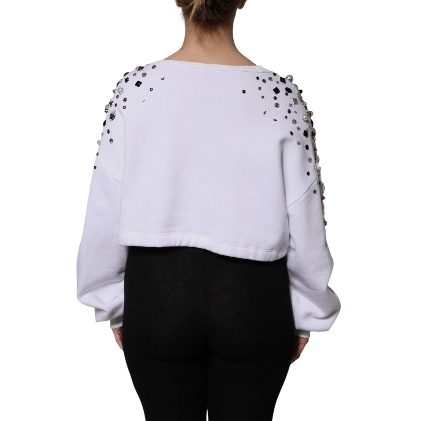 Dolce & Gabbana White Embellished Long Sleeve Cropped Sweater