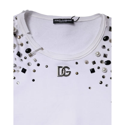 Dolce & Gabbana White Embellished Long Sleeve Cropped Sweater