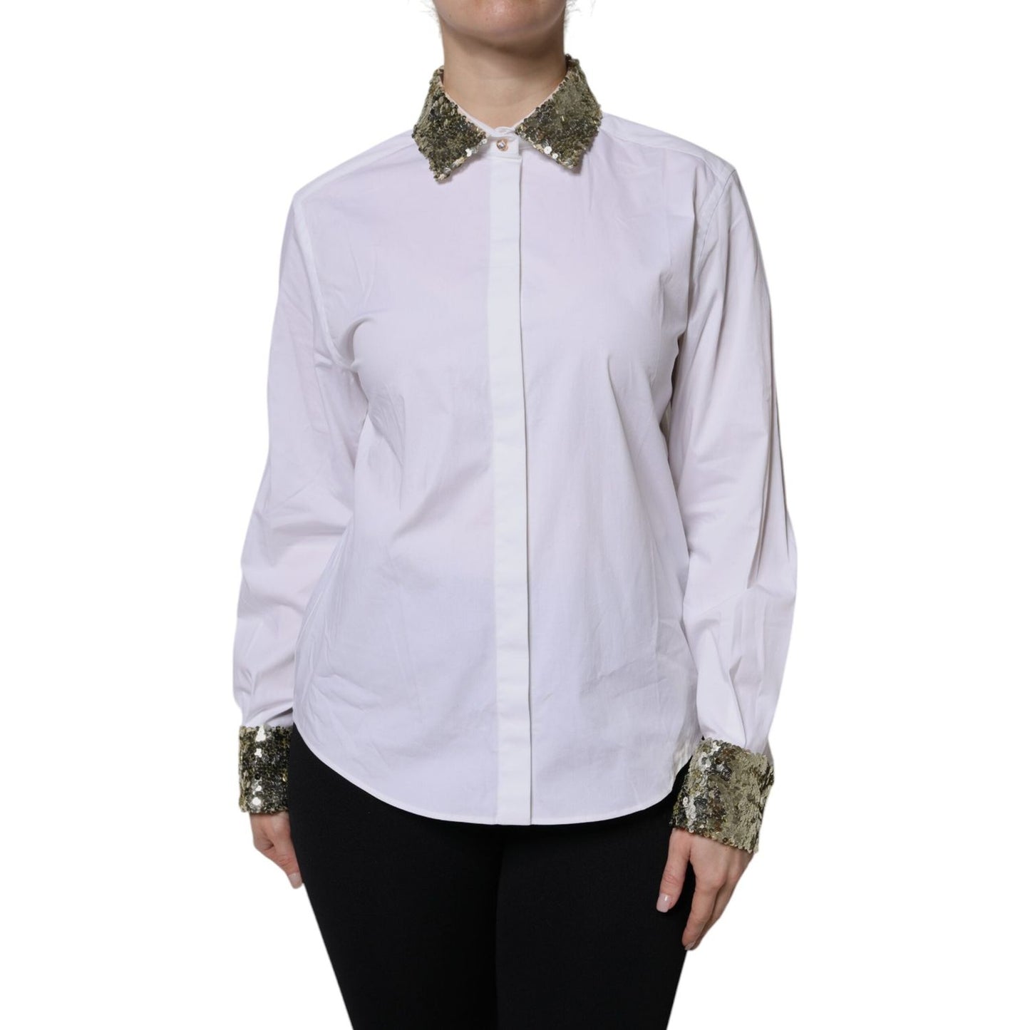 Dolce & Gabbana White Cotton Long Sleeves Sequin Shirt Top TSH90159-40