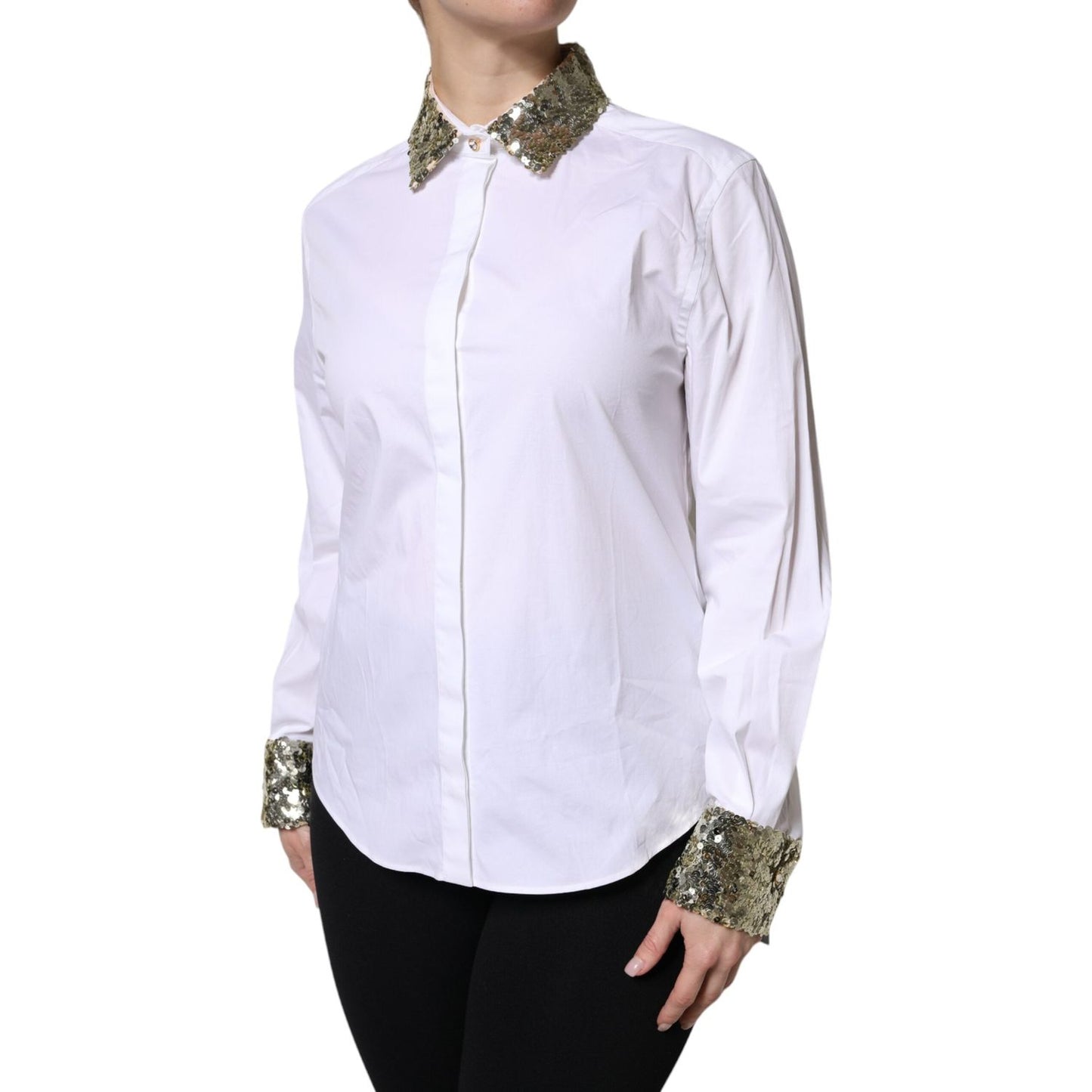 Dolce & Gabbana White Cotton Long Sleeves Sequin Shirt Top TSH90159-40