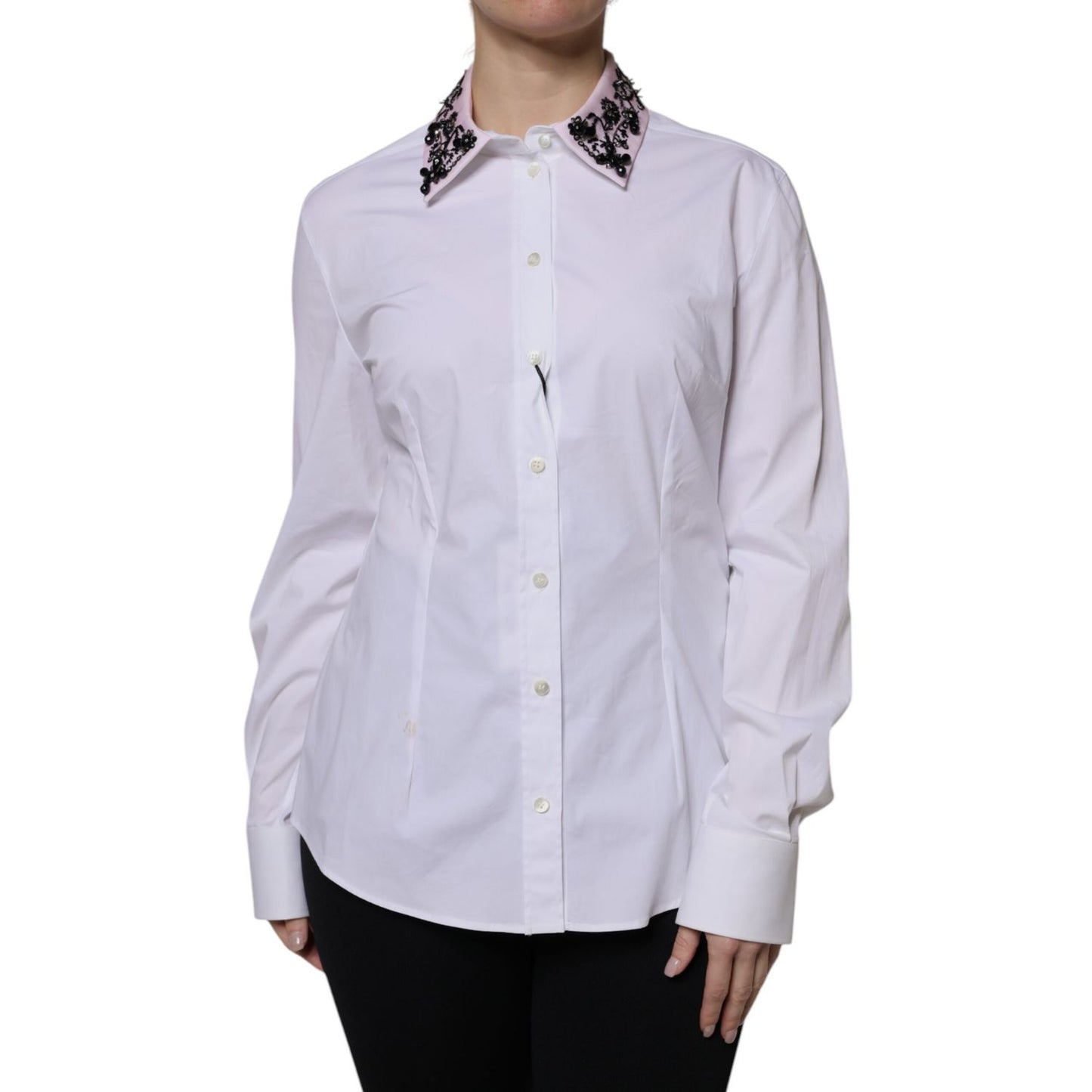 Dolce & Gabbana White Embellished Collared Dress Shirt Top