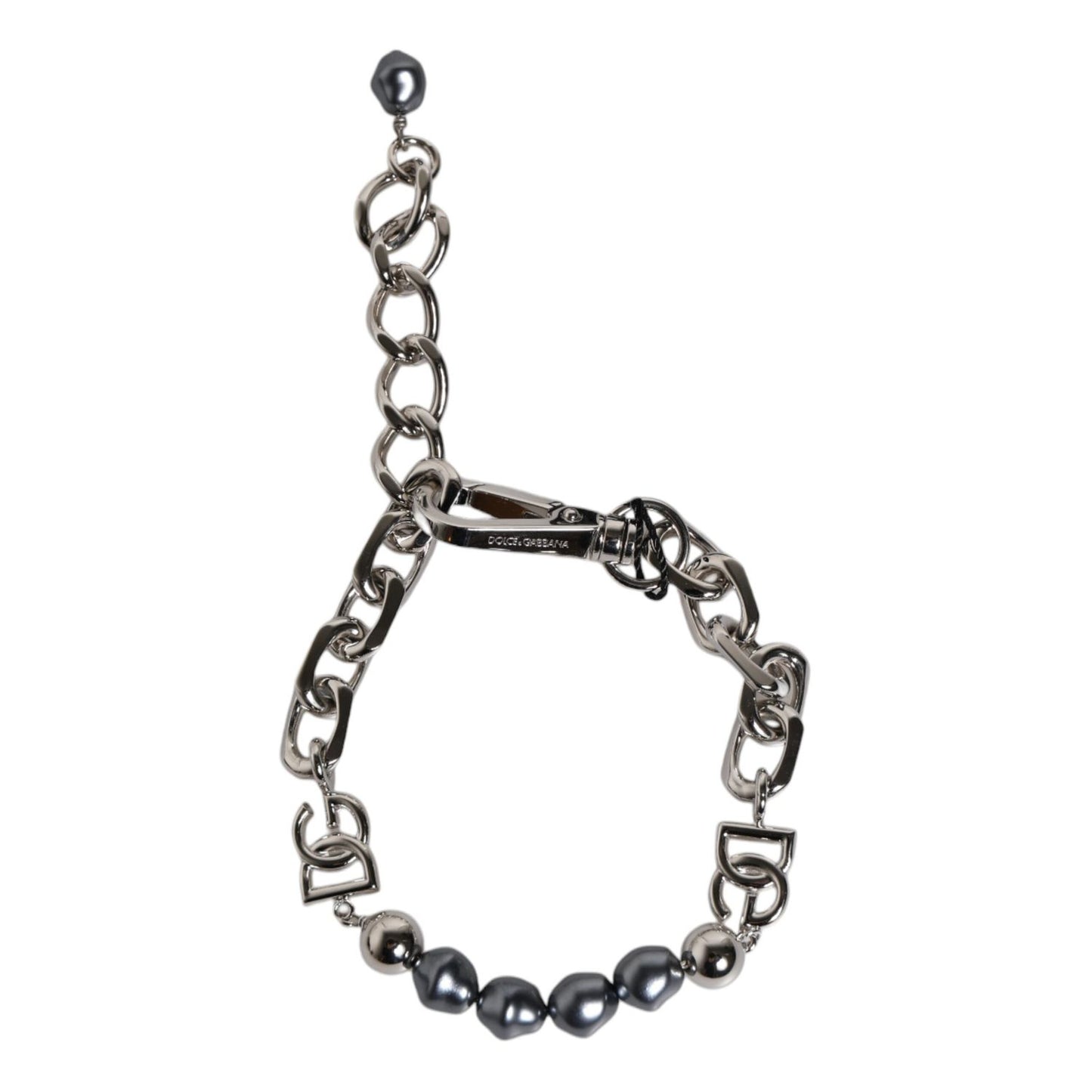 Dolce & Gabbana Silver Tone Chain Lobster Clasp Logo Gray Pearls Bracelet