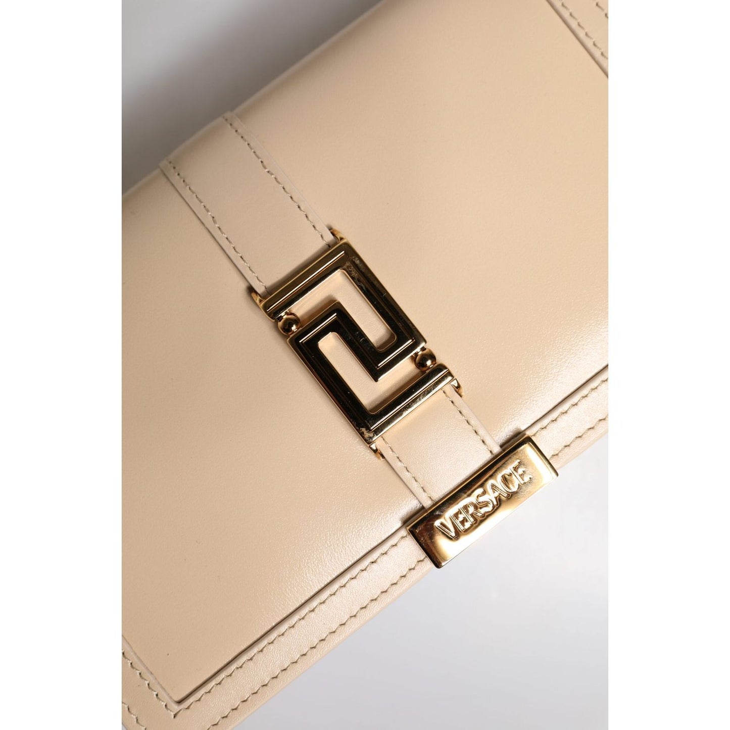 Versace Beige Gold Chain Calf Leather Wallet Crossbody Bag