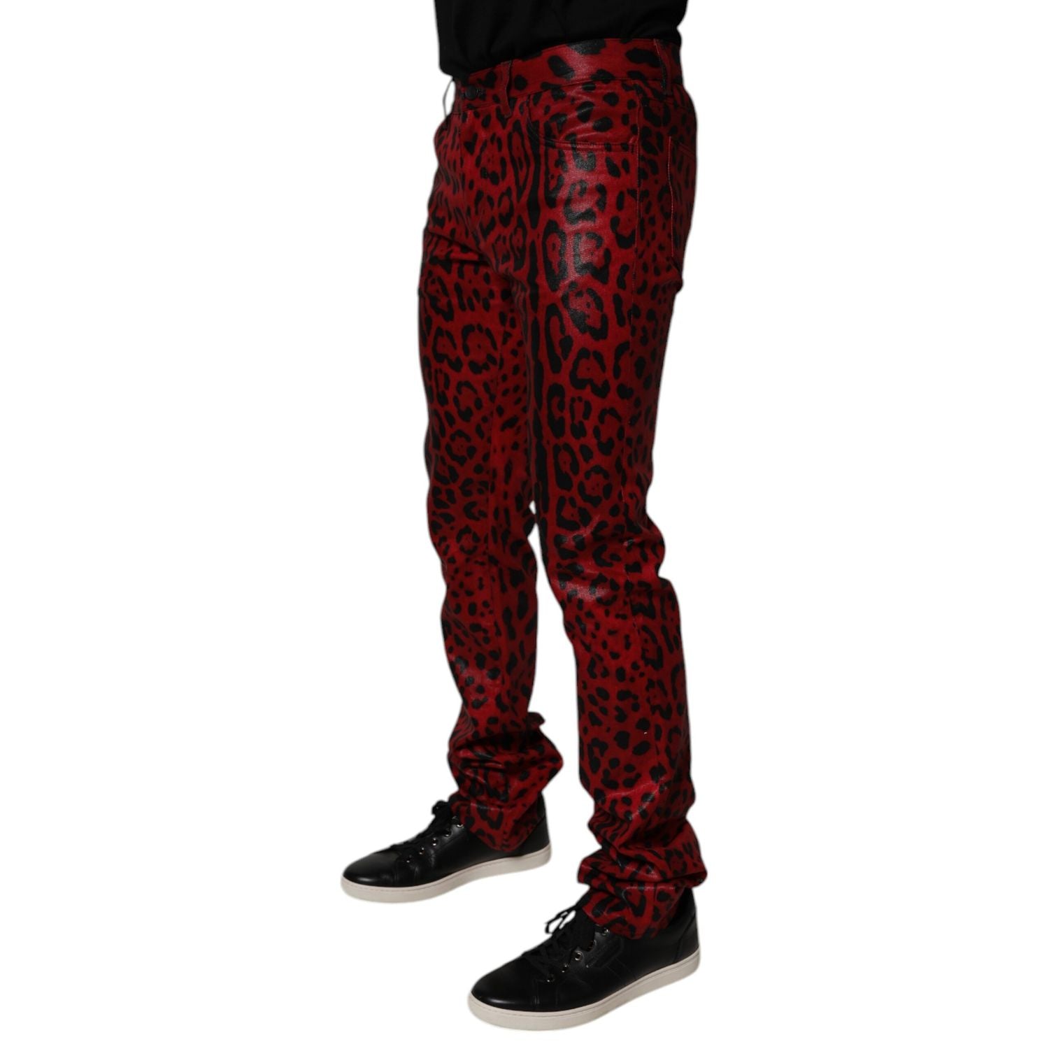 Dolce & Gabbana Red Leopard Cotton Slim Fit Denim Jeans