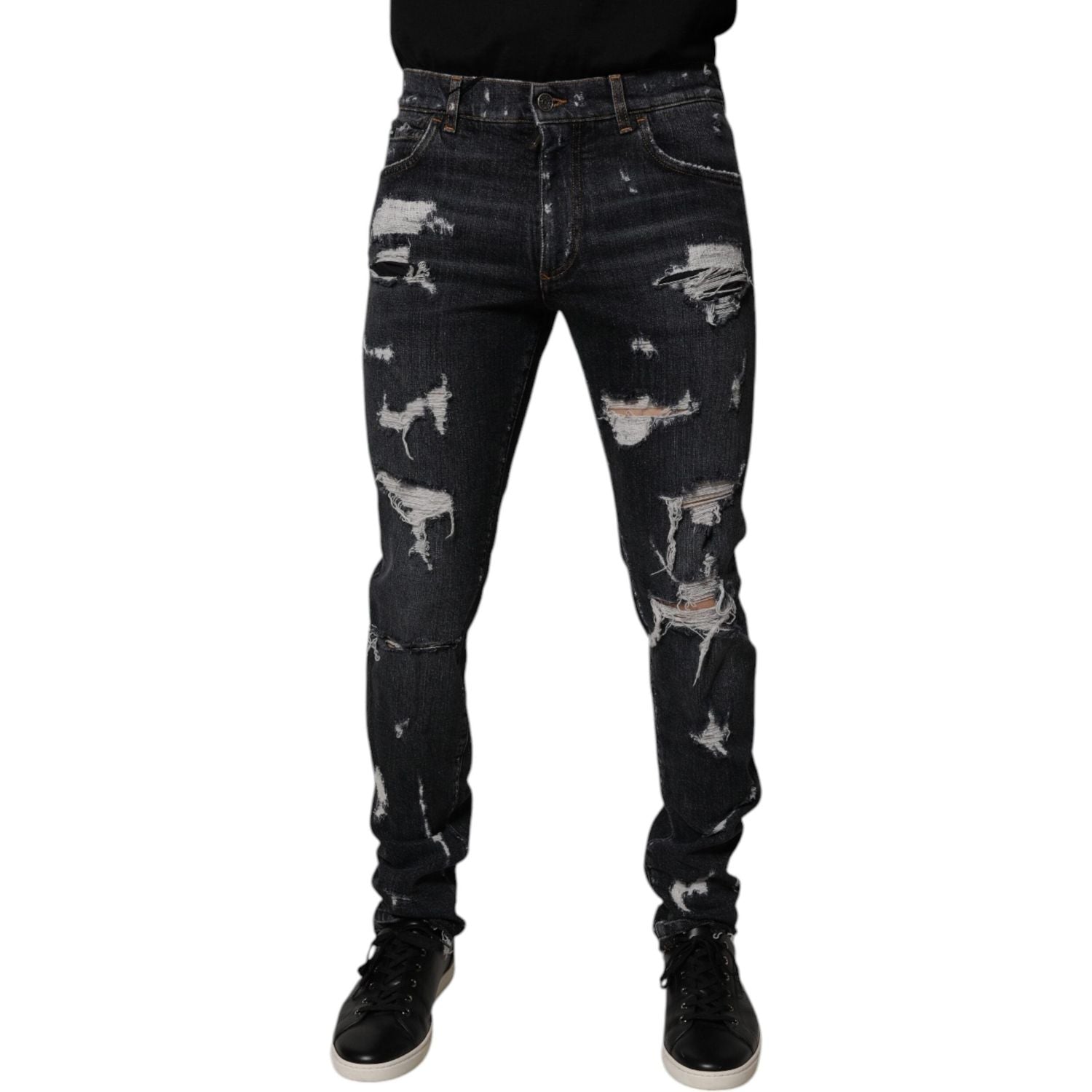 Dolce & Gabbana Black Tattered Cotton Skinny Men Denim Jeans