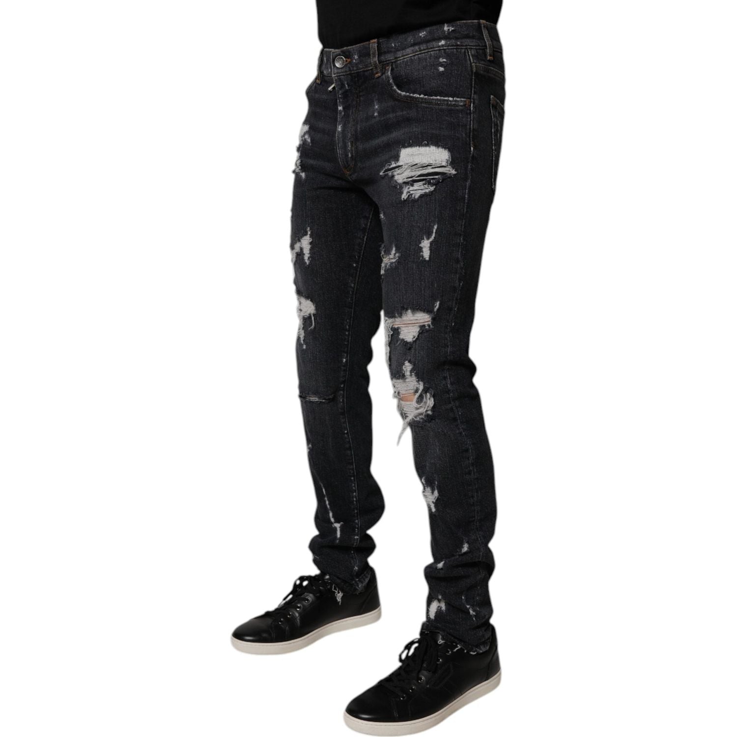 Dolce & Gabbana Black Tattered Cotton Skinny Men Denim Jeans