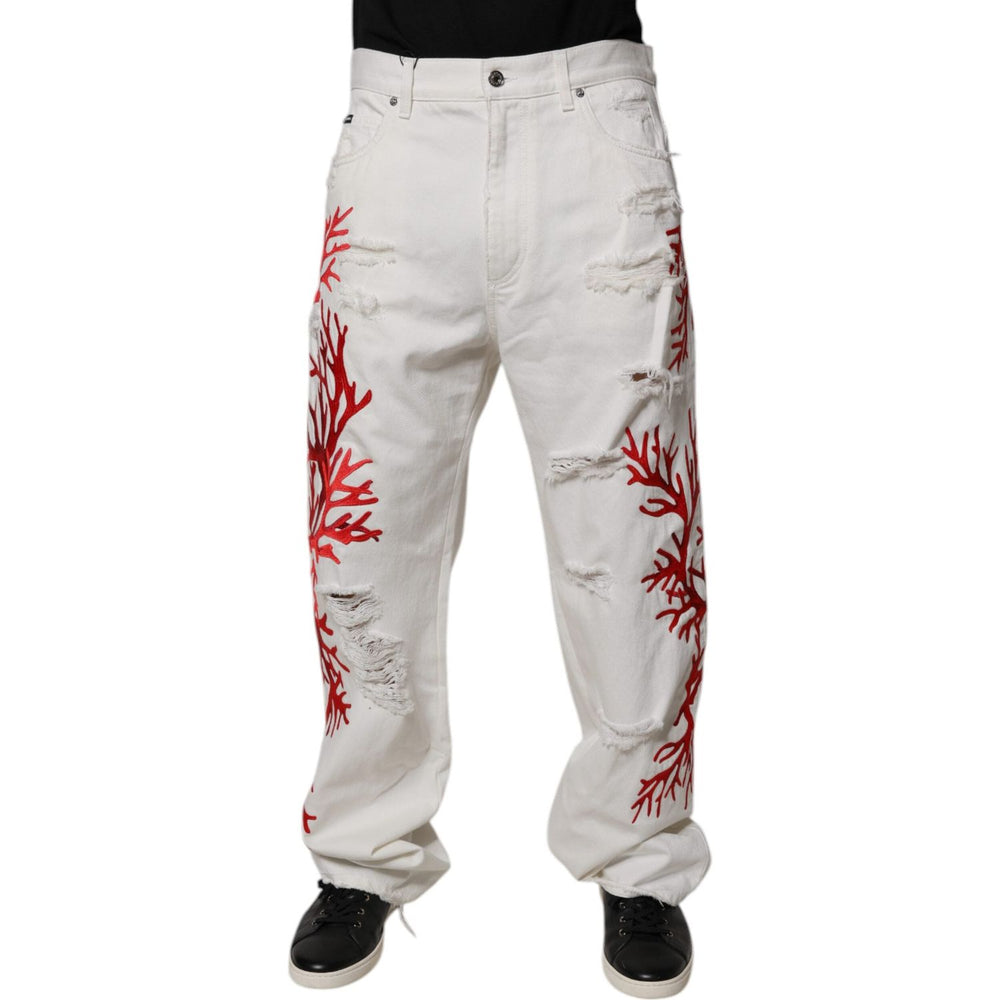 Dolce & Gabbana White Corals Tattered Straight Denim Jeans PAN75183-48