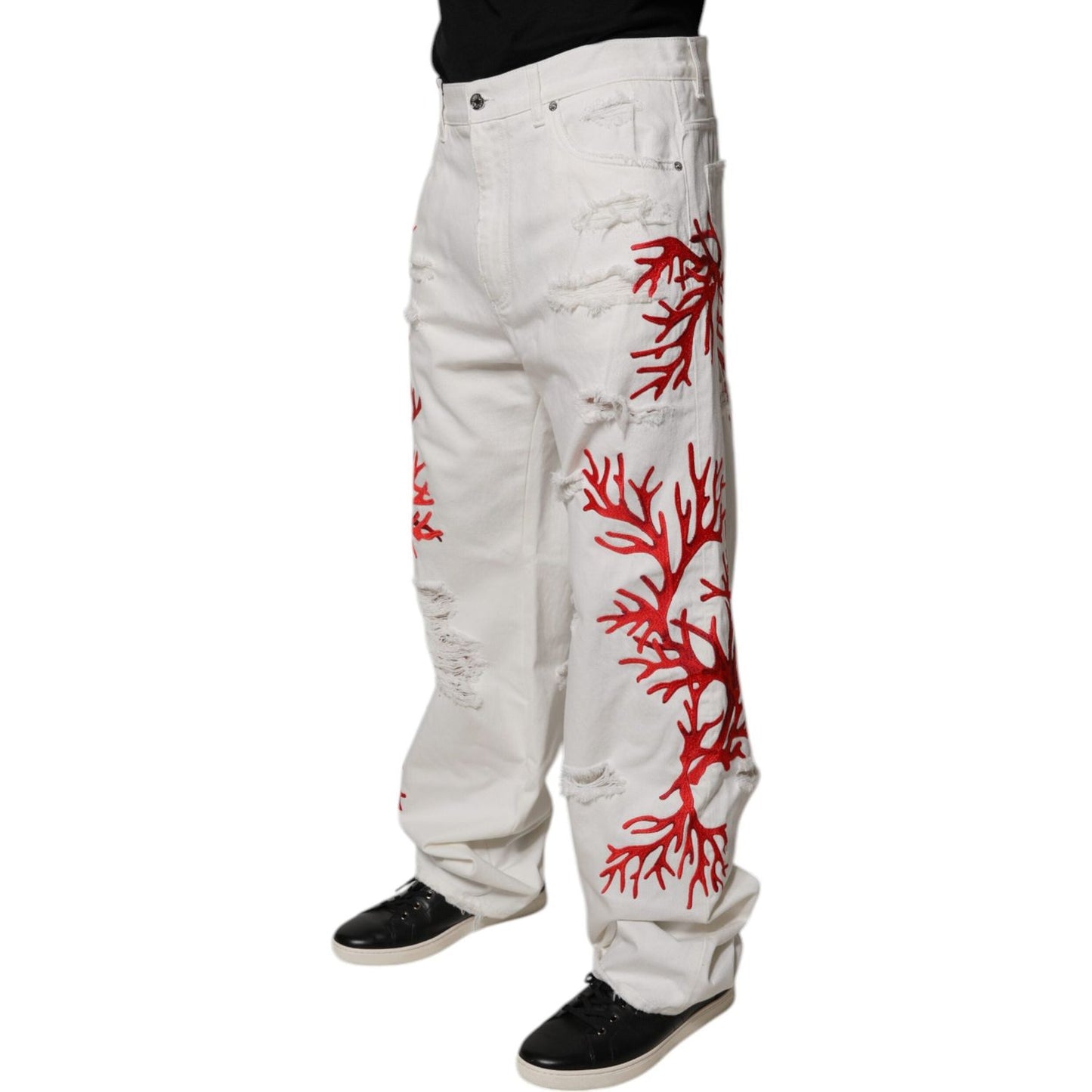 Dolce & Gabbana White Corals Tattered Straight Denim Jeans PAN75183-48