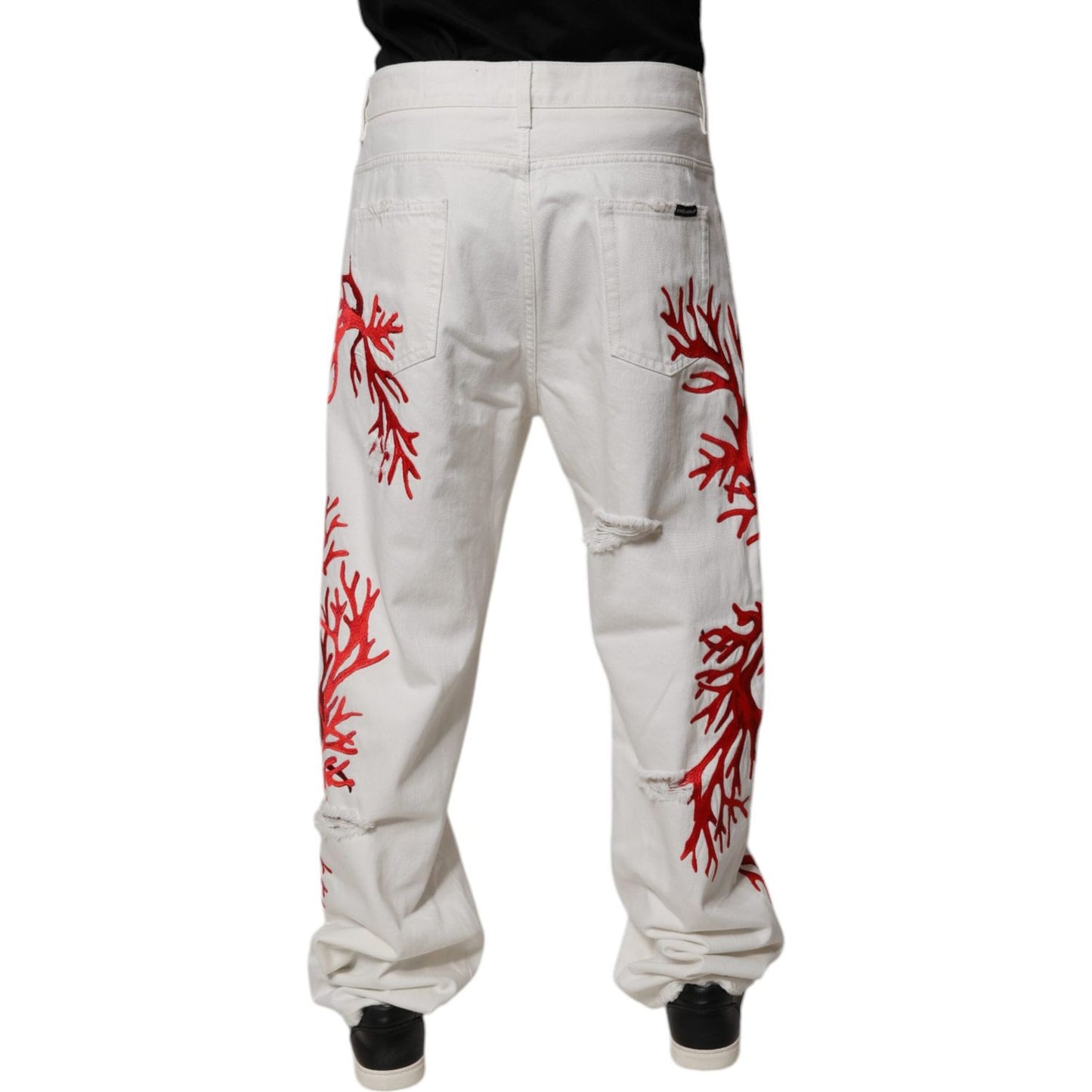 Dolce & Gabbana White Corals Tattered Straight Denim Jeans PAN75183-48