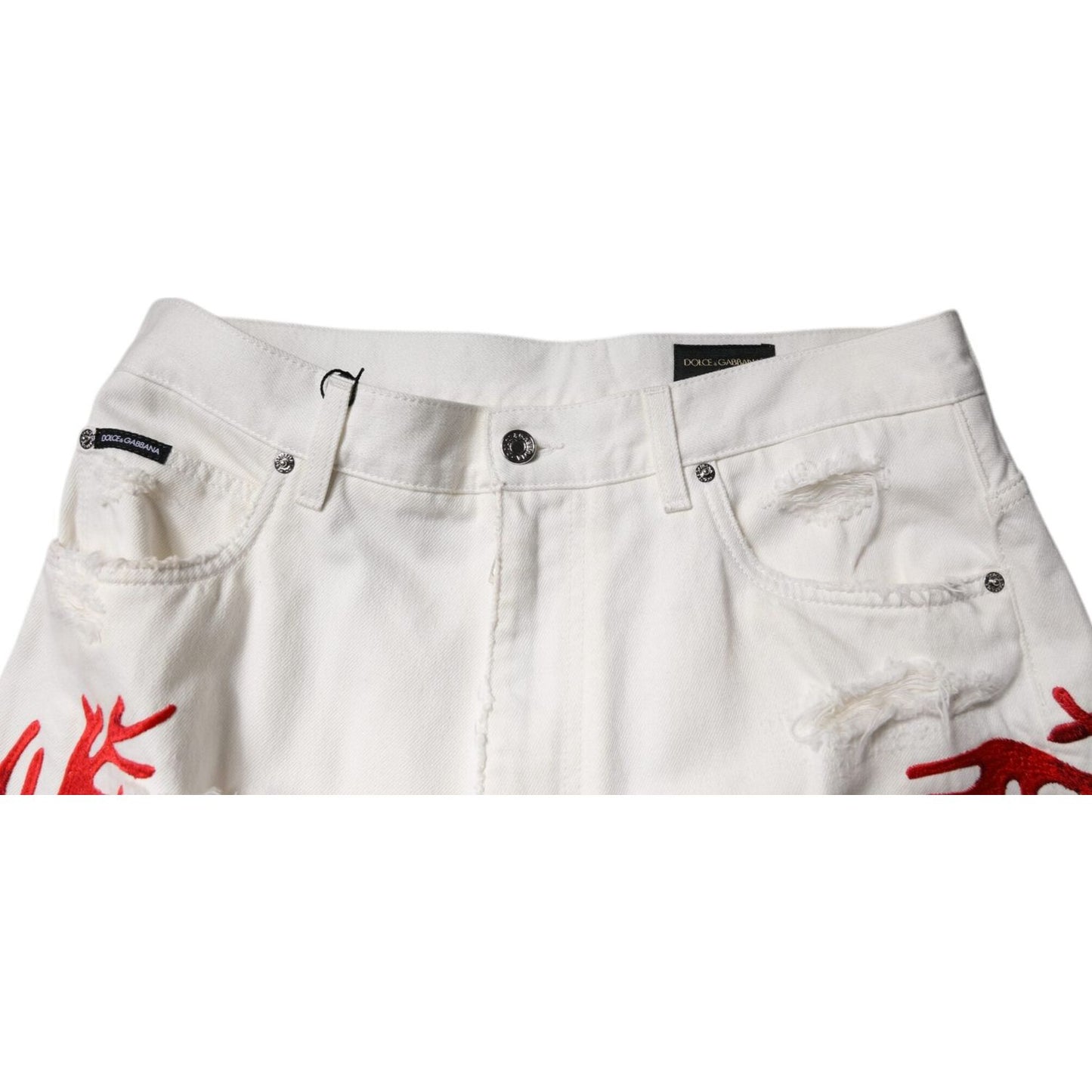 Dolce & Gabbana White Corals Tattered Straight Denim Jeans PAN75183-48
