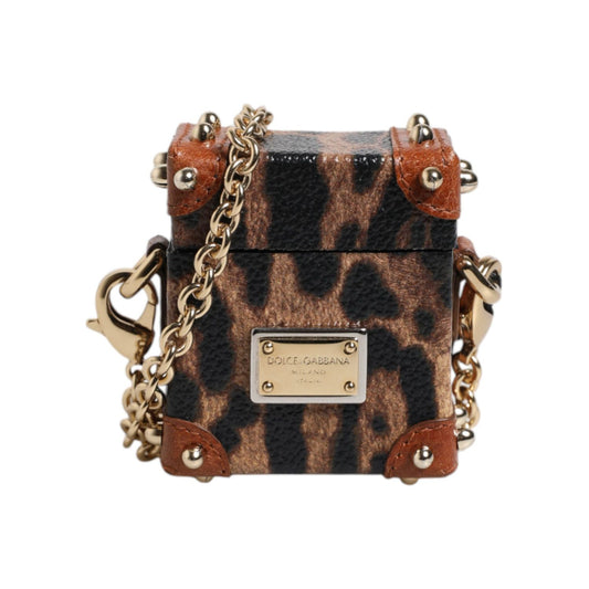 Dolce & Gabbana Brown Leopard Metal Logo Plaque Gold Chain Airpods Case