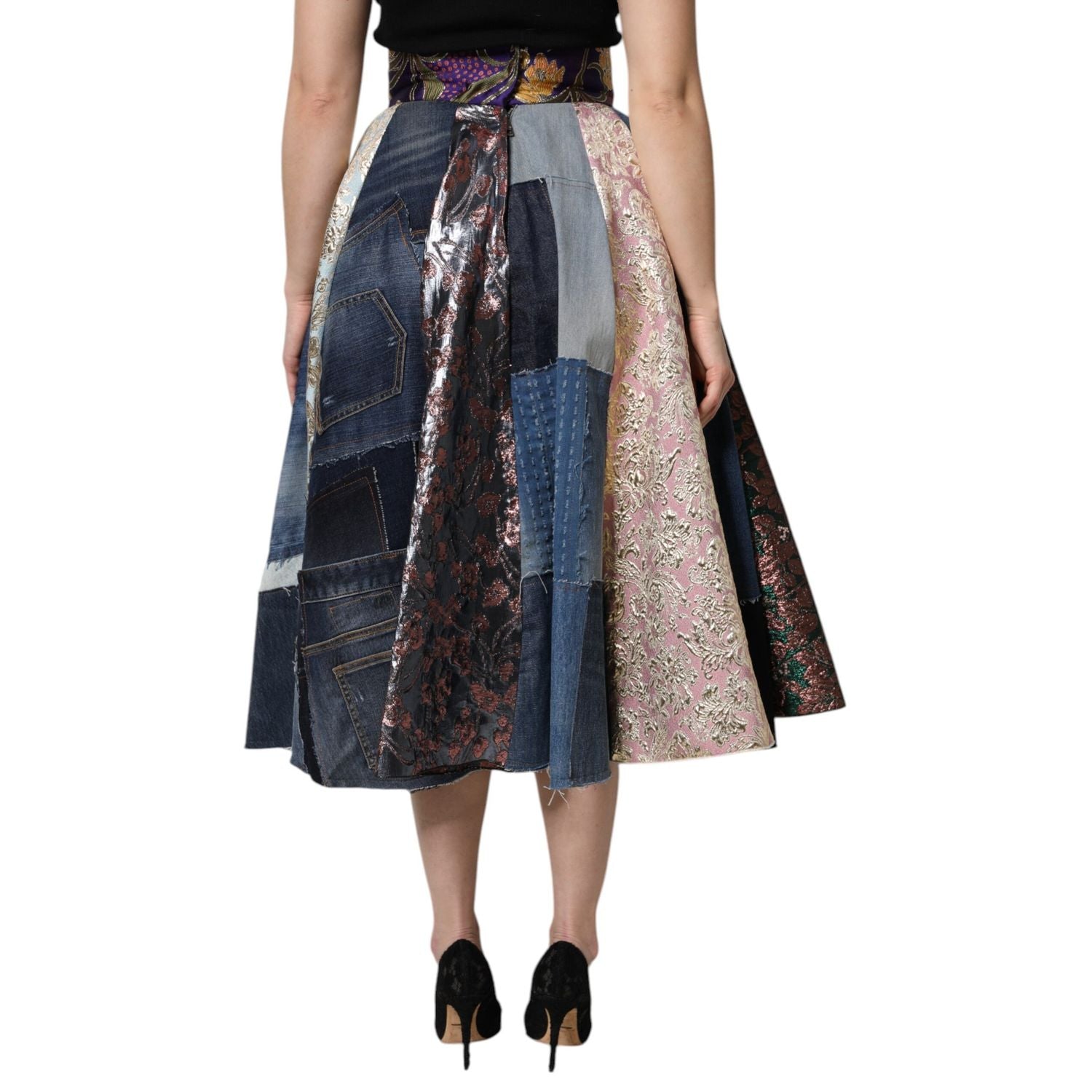 Dolce & Gabbana Multicolor Patchwork High Waisted Midi Skirt