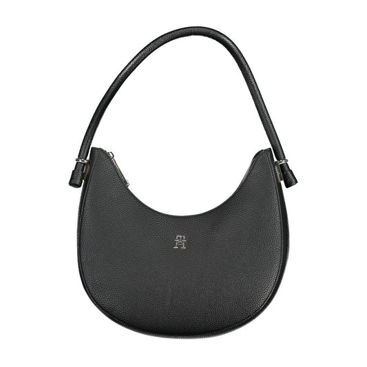 Alt Tag: Tommy Hilfiger Black Polyethylene Handbag with shoulder handle and zip closure, featuring brand logo.