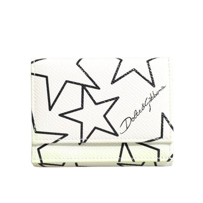 Dolce & Gabbana White Leather Trifold DG Star Print Card Holder Wallet