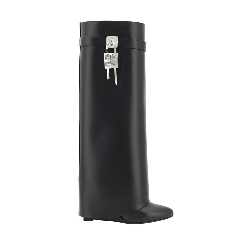 Givenchy Black Calf Leather Bos Taurus Boots featuring shark lock and wedge heel.