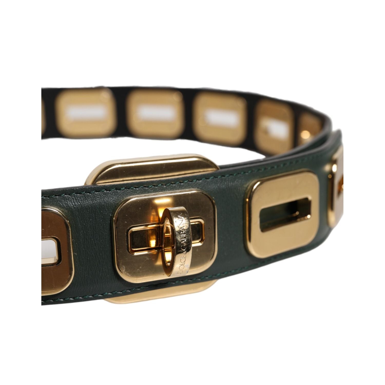 Dolce & Gabbana Green Leather Gold Tone Rotating Buckle Belt