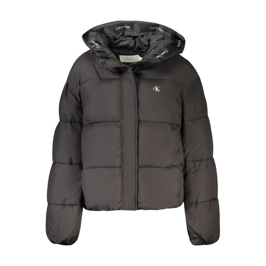 Calvin Klein Black Polyester Women's Jacket with Hood and External Pockets, Eco-Conscious Fashion, Long Sleeve with Zip and Buttons
