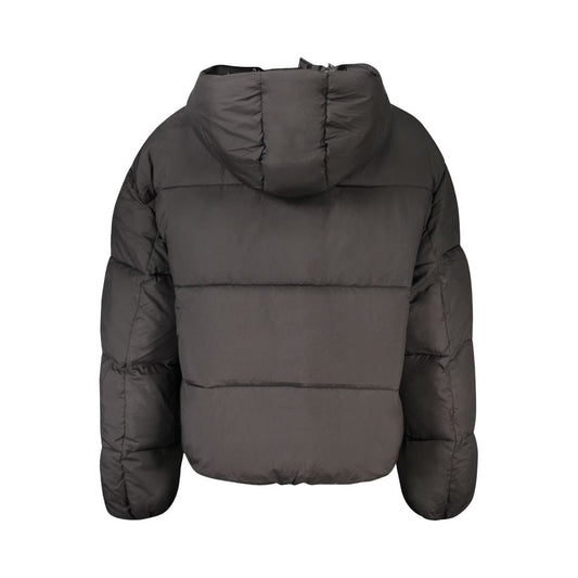 Back view of Calvin Klein black polyester women’s jacket with hood, highlighting sustainable style and sleek design.