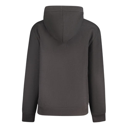 Back view of Calvin Klein Black Cotton Women Sweater with hood, showcasing sleek design and comfort, ideal for casual wear.