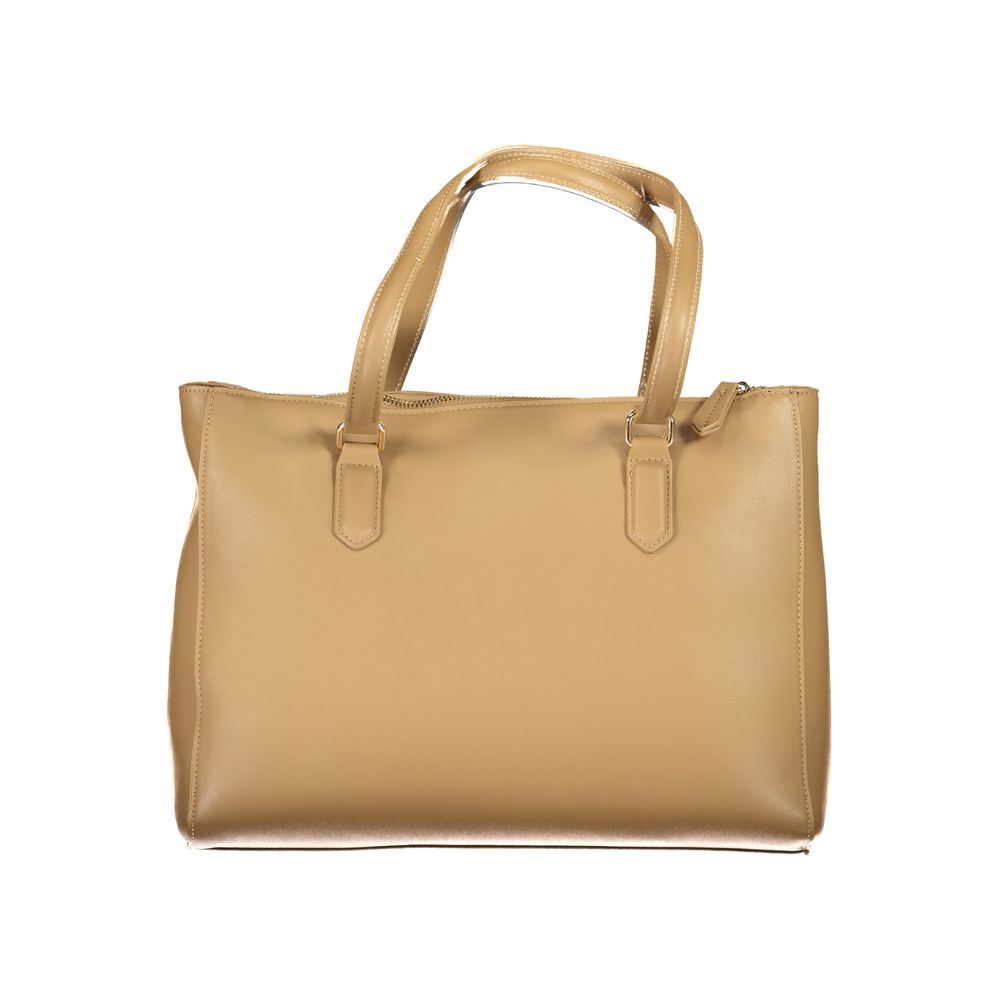 Mario Valentino Beige Polyethylene Women Handbag with structured design and brand logo, featuring dual handles and internal pockets.
