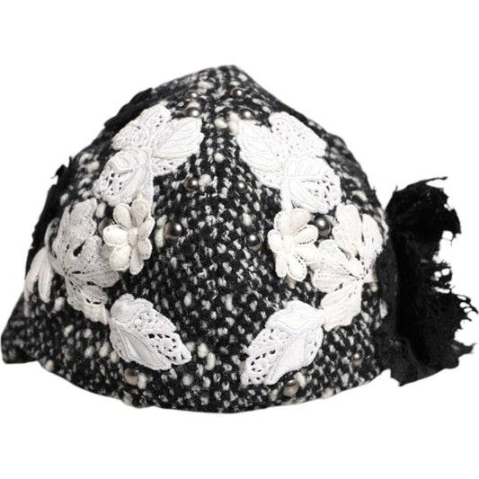 Dolce & Gabbana Black Wool White Floral Embellished Cloche Hat