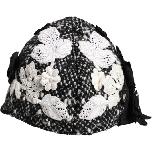 Dolce & Gabbana Black Wool White Floral Embellished Cloche Hat