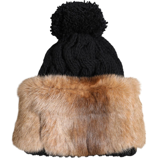 Dolce & Gabbana Black Brown Dyed Rabbit Real Fur Winter Beanie Hat