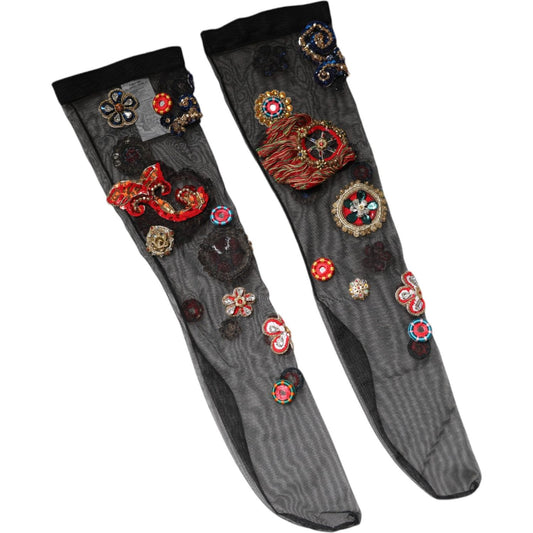 Dolce & Gabbana Black Stretch Carretto Crystal Stockings Socks Dolce & Gabbana Dark Slate Gray