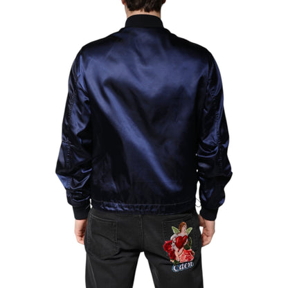 Dolce & Gabbana Blue Nylon DG Crown Full Zip Bomber Jacket