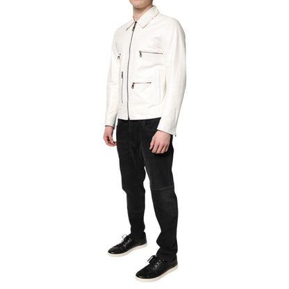 Dolce & Gabbana White Collared Full Zip Biker Coat Jacket