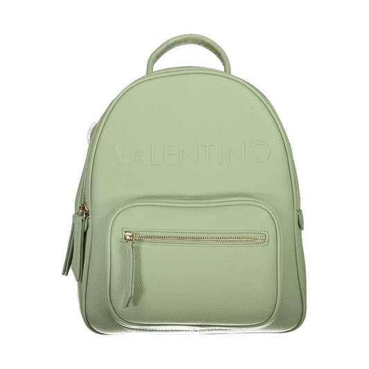 Mario Valentino Green Polyethylene Backpack with logo, external pocket, adjustable straps, and zip closure.