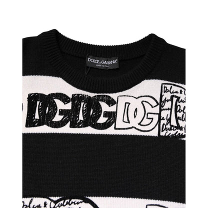 Dolce & Gabbana Black White Logo Print Wool Pullover Sweater