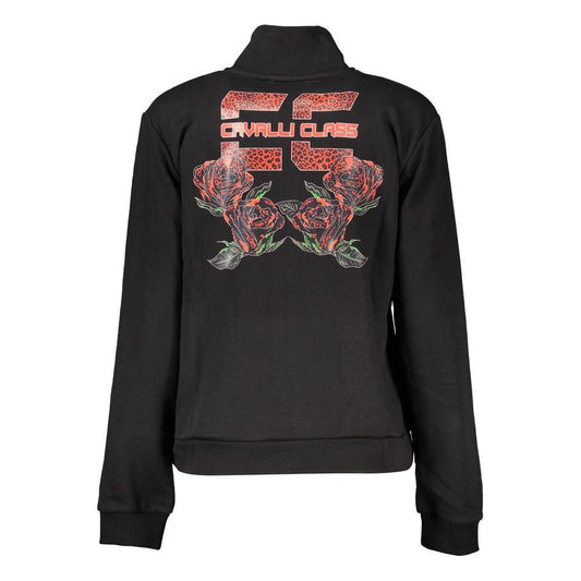 Cavalli Class black women's sweater with artistic logo print and floral design on the back, showcasing luxury and style.