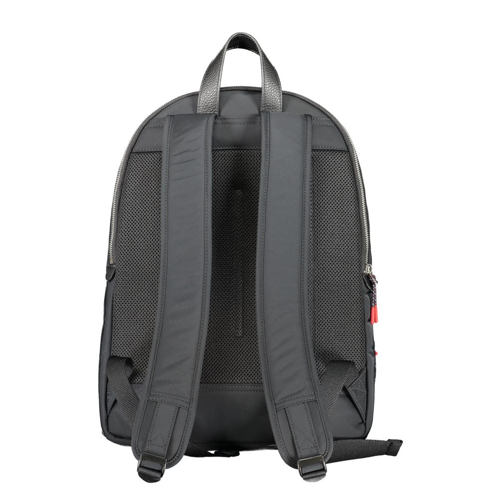 Back view of Tommy Hilfiger Black Polyester Backpack with adjustable straps and handle, featuring contrast details and logo.