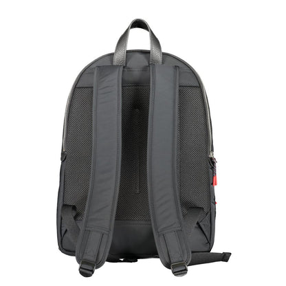 Back view of Tommy Hilfiger Black Polyester Backpack with adjustable straps and handle, featuring contrast details and logo.