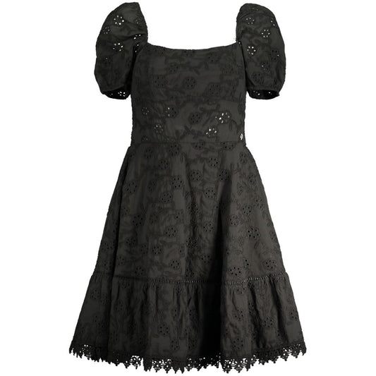 Guess Jeans black cotton women's dress with short sleeves, boat neck, intricate embroidery, and Guess logo, embodying chic elegance.