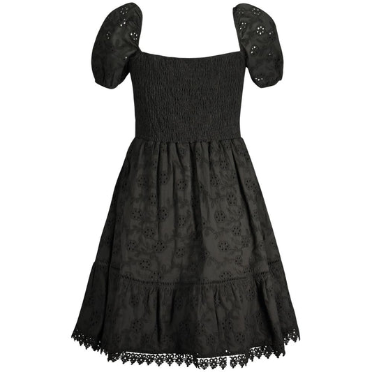 Elegant black cotton Guess jeans dress with short sleeves and embroidery, featuring a boat neck and Guess logo.