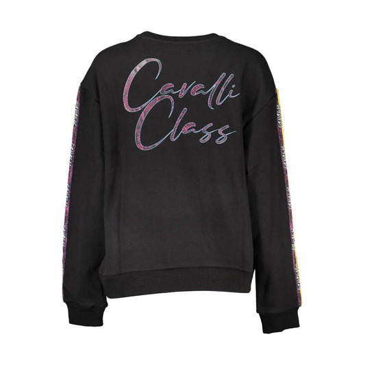 Cavalli Class black cotton women's sweater with logo and colorful sleeves, perfect for stylish and comfortable loungewear.