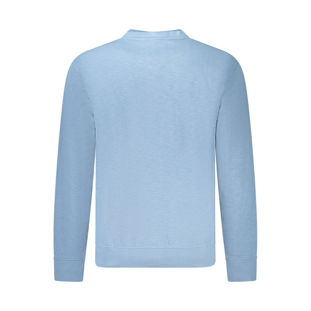 Hugo Boss Blue Cotton Men Sweater, long sleeve crew neck sweatshirt, luxury cotton, stylish elegance, iconic logo, contrasting details.