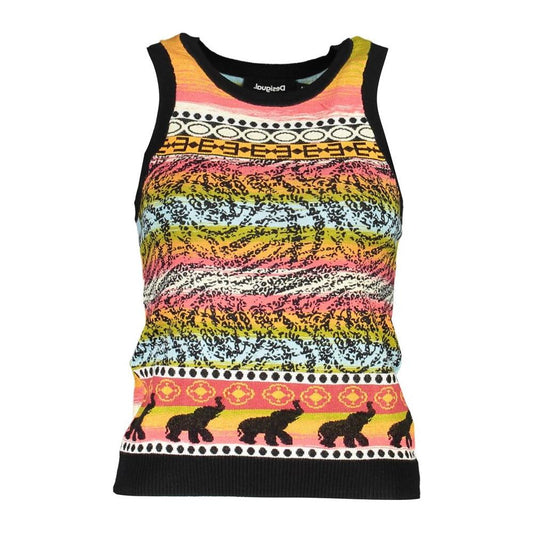 Desigual black viscose women's top with bold patterns and wide shoulders, featuring a round neckline and Desigual logo.