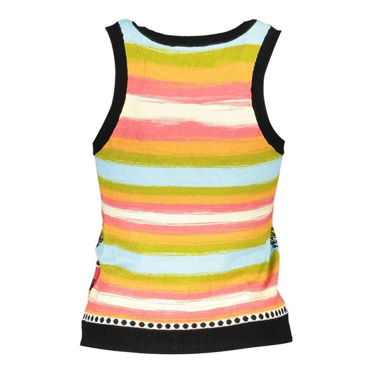 Colorful striped women's tank top with wide shoulders and black trim, featuring Desigual logo design.