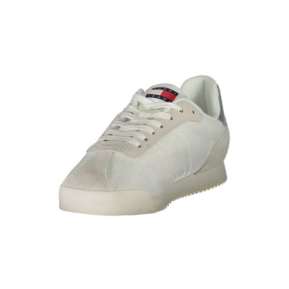 Tommy Hilfiger White Polyester Women Sneaker with lace-up design, eco-friendly construction, and bold logo detailing.