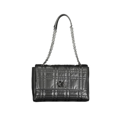Calvin Klein Black Polyester Women Handbag with chain handles and quilted design, perfect for stylish eco-conscious fashion enthusiasts.