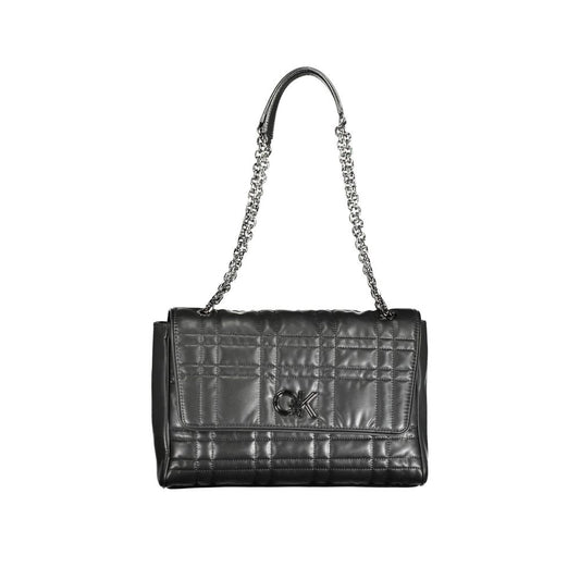 Calvin Klein Black Polyester Women Handbag with chain handles and quilted design, perfect for stylish eco-conscious fashion enthusiasts.